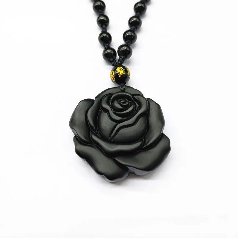 Obsidian Black Rose Hand-carved Rose Pendant