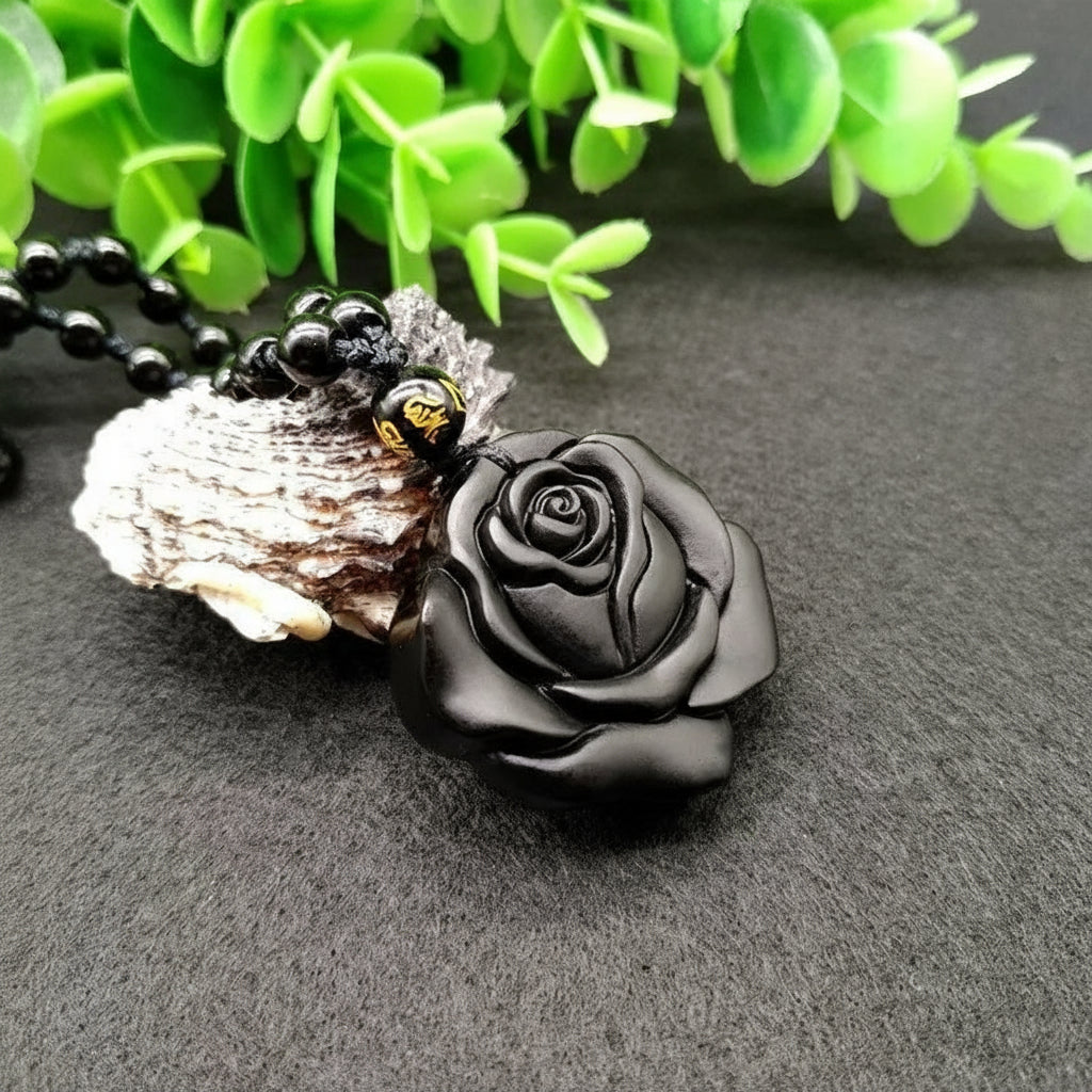 Obsidian Black Rose Hand-carved Rose Pendant