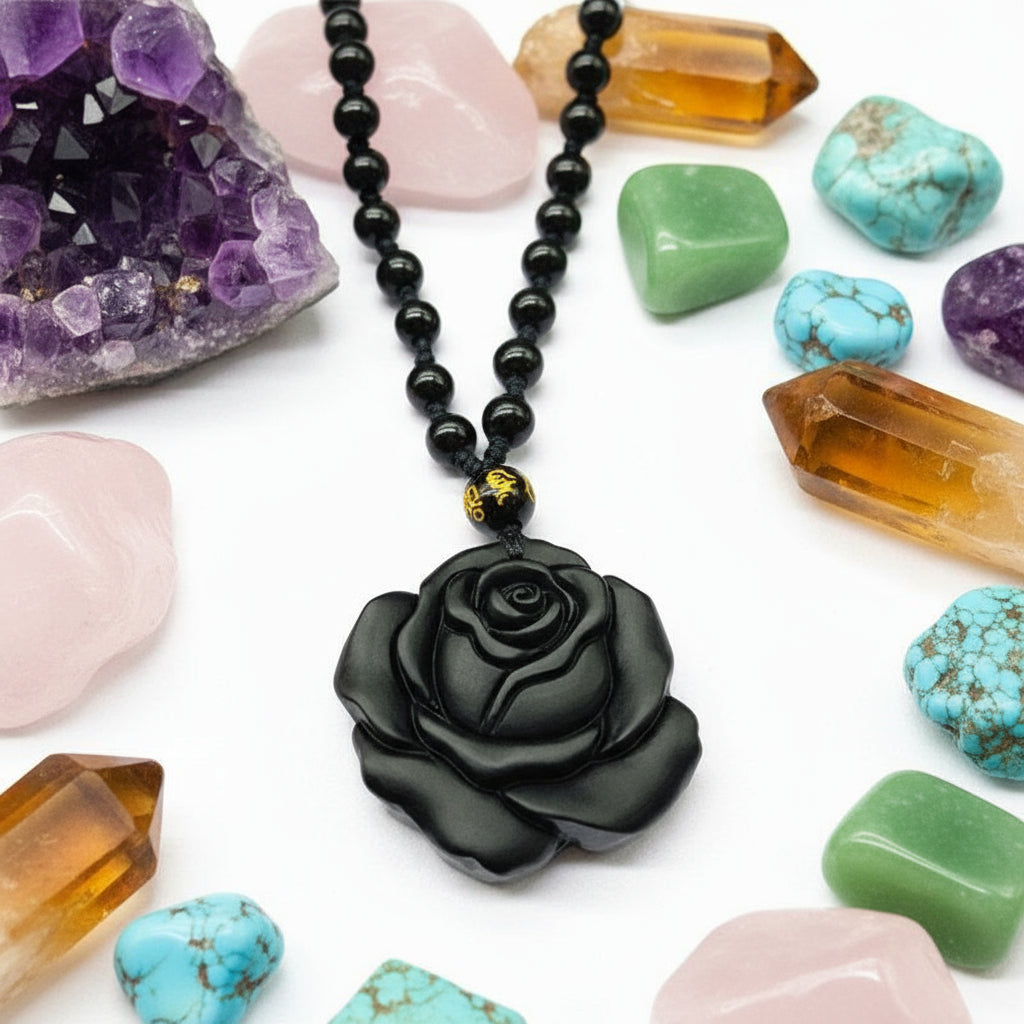 Obsidian Black Rose Hand-carved Rose Pendant