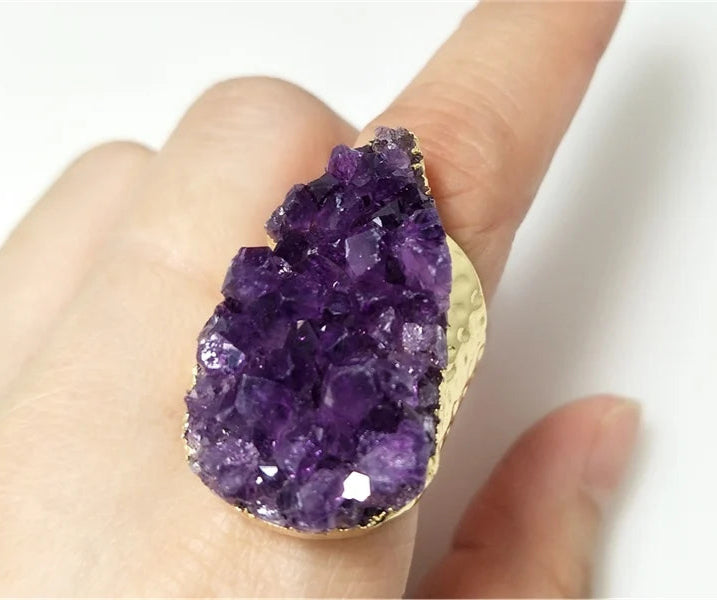 Natural Water Drop Amethyst Cluster Ring