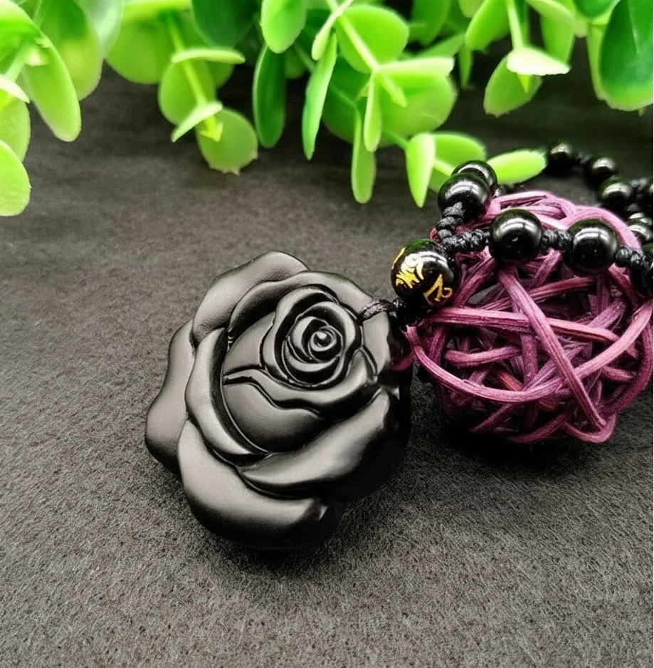 Obsidian Black Rose Hand-carved Rose Pendant