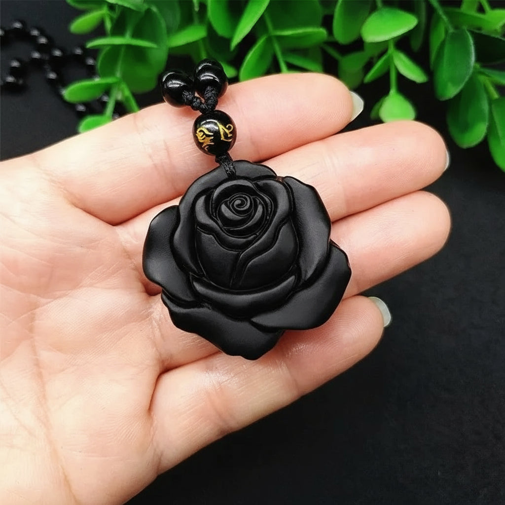 Obsidian Black Rose Hand-carved Rose Pendant