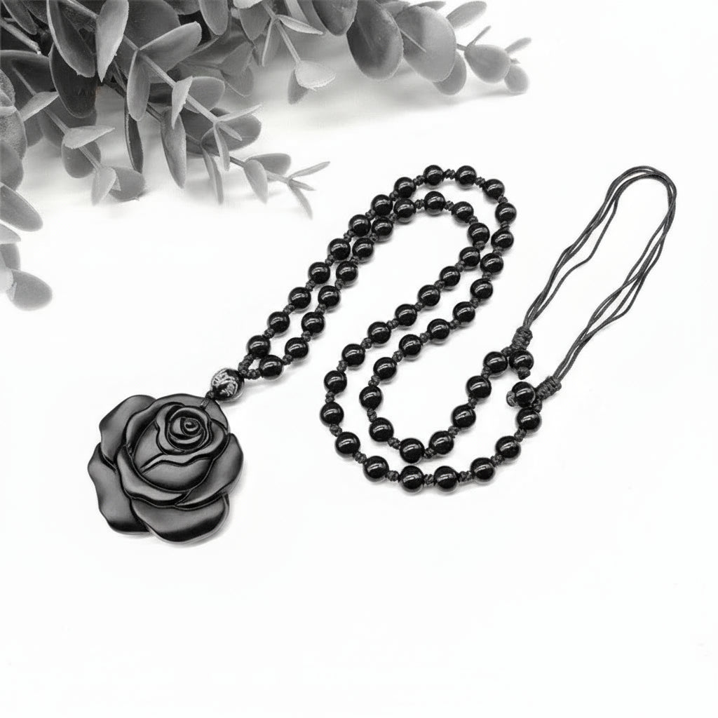 Obsidian Black Rose Hand-carved Rose Pendant