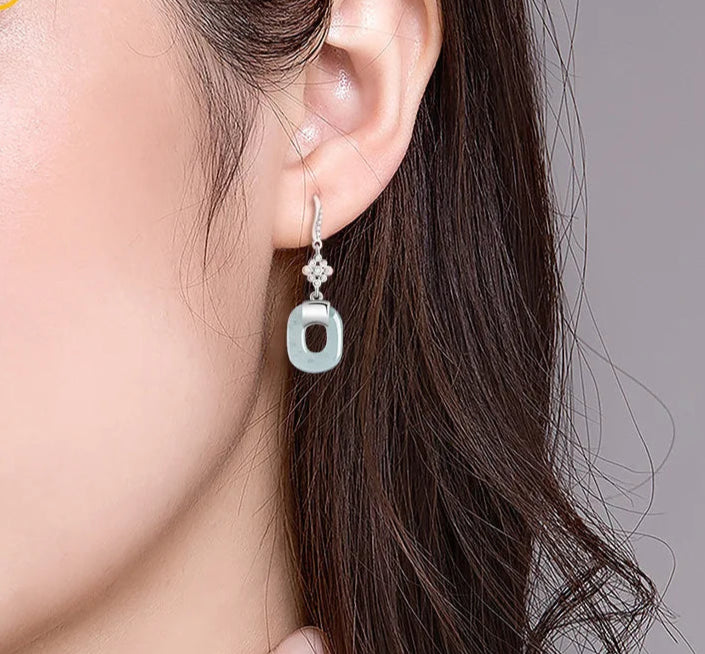 Blue Water Jadeite Square Earrings