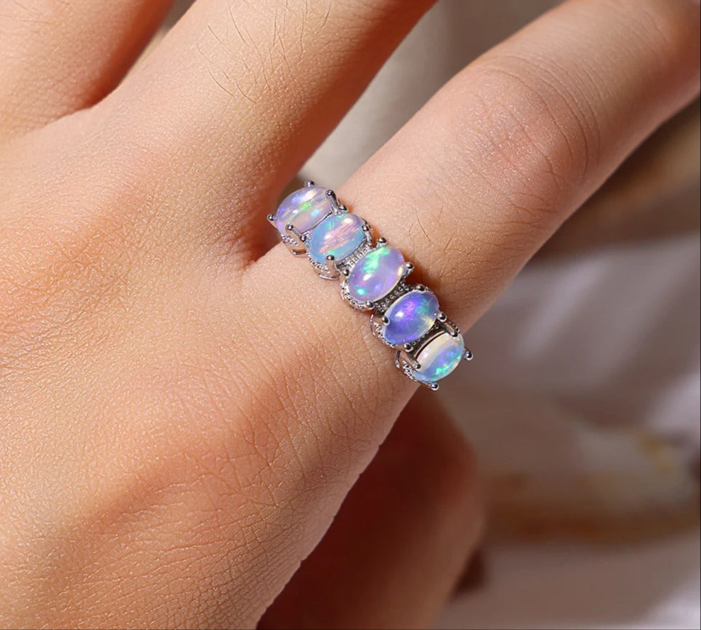 Luxury Australian Opal Oval Beads 925 Silver Ring