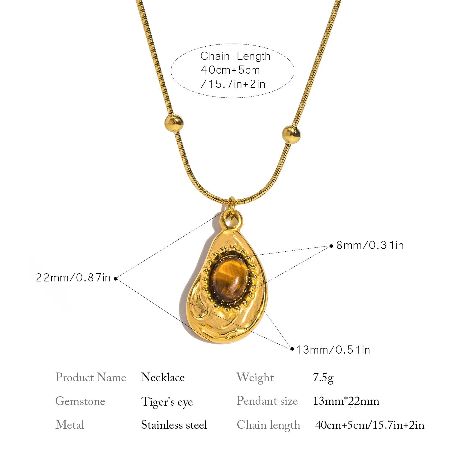 Natural Tiger's-eye Stone Water Droplet Pendant Necklace