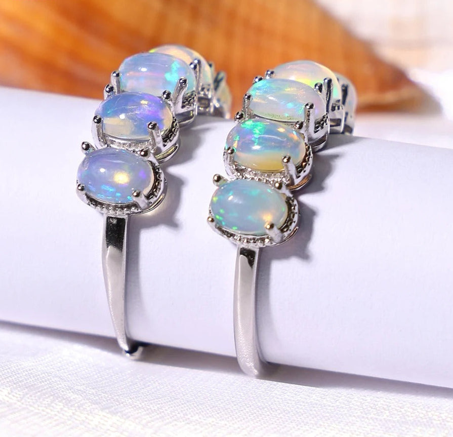 Luxury Australian Opal Oval Beads 925 Silver Ring